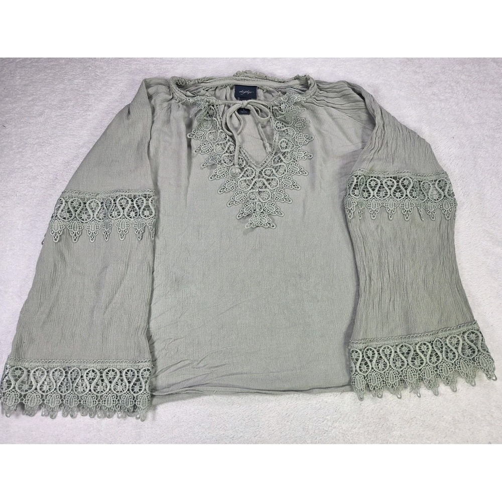 Daytrip Boho Peasant Top Womens Large Sage Green Lace Bell Sleeve Cottagecore